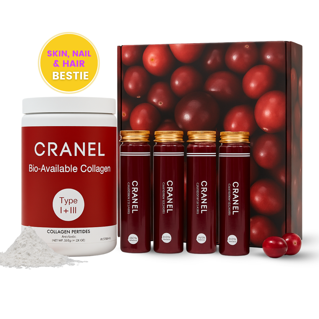 CRANEL collagen product set with a container and multiple bottles on a white background