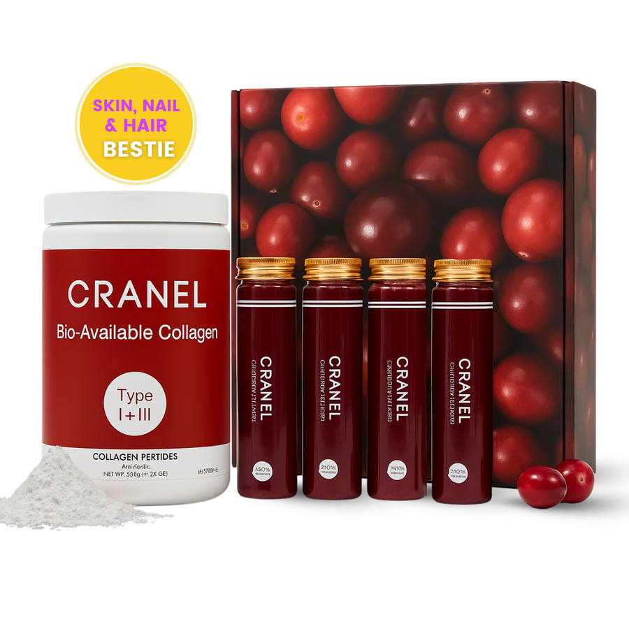 CRANEL collagen product set with a container and multiple bottles on a white background
